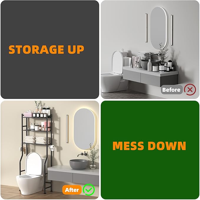 3-Tier Over Toilet Storage with Anti-Tilt Safety System - 150lb Total Capacity Metal Bathroom Shelves Including Paper Holder & 4 Hooks, Space Saving Above Commode Organizer (64" H, Snow Black)