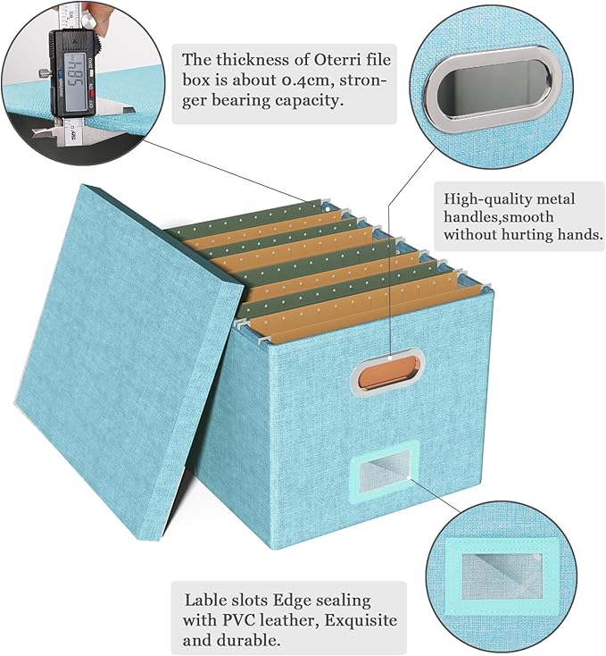 2 Pack File Storage Organizer - Portable Filing Box with Lid, Fits Letter/Legal File Folders, Light-blue