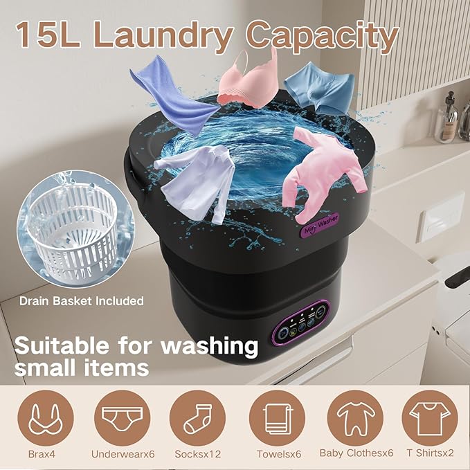Portable Washing Machine, 15L Small Foldable Washer with 3 Cleaning Modes for Baby Clothes, Underwear, Small Items, Mini Collapsible Laundry for Travel Apartment Home Dorm Hotel Camping (Black)