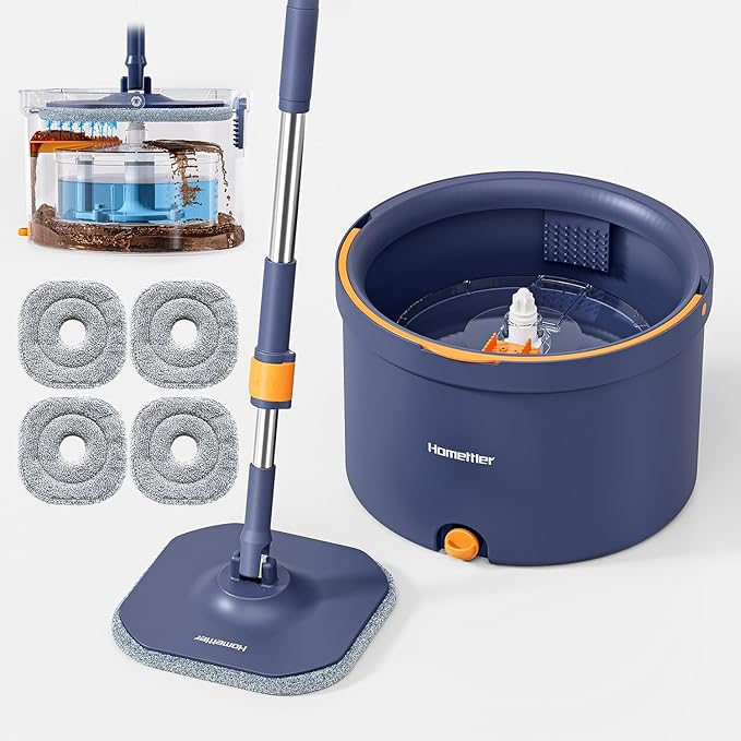 Spin Mop and Bucket Set, Mop Bucket with Separate Dirty Water System, Deep-Cleaning Mops for Floors/Wall, Versatile Mops with 4 Microfiber Mop Pads