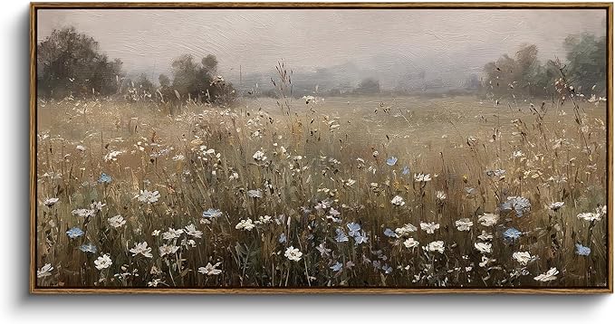 InSimSea Extra Large Framed Vintage Wall Art, Living Room Country Farmhouse Decor, Spring Wildflower Field Landscape Canvas Prints, Retro Scenery Long Pictures for Bedroom Above of Bed, 20x40inch