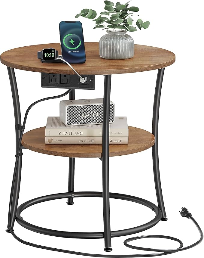VASAGLE 21.7-Inch Round Side Table, 2-Tier End Table with Power Outlets, Nightstand with Steel Frame, Spacious Top, for Small Spaces, Living Room, Bedroom, Honey Brown and Ink Black ULET077K02
