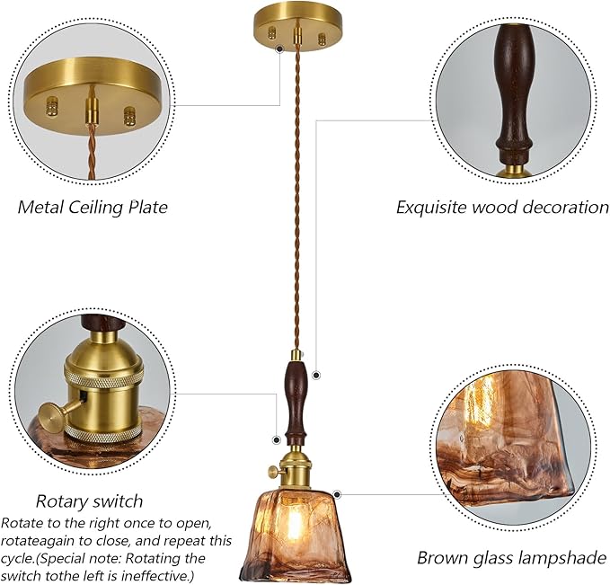 Brown Glass Vintage Pendant Light 4.33" Handmade Glass Pendant Lights Kitchen Island Gold Hanging Light Fixture for Bedroom Dining Room Hotel (3 Pack)