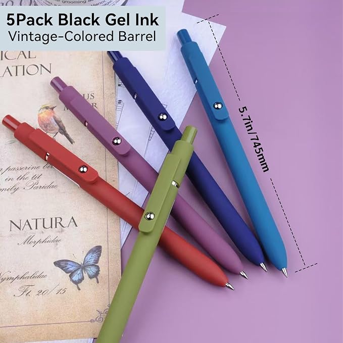 Gel Pens, 5Pcs 0.5mm Fine Point Black Ink Pens With Smooth Writing,Office Desk Accessories,Quick Dry Pens For Journaling,Ballpoint Writing Supplies, Gift for Women and Men (Retro)