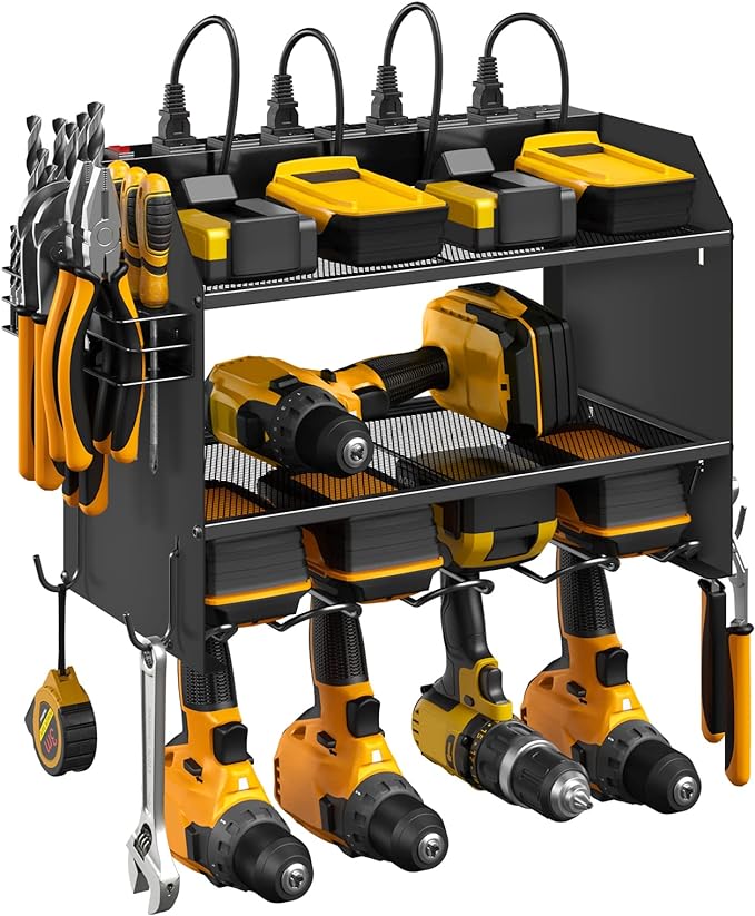 CCCEI Modular Power Tool Organizer Wall Mount with Charging Station. Garage Drill Storage Shelf with Hooks, Heavy Duty Rack, Tool Battery Holder Built in 8 Outlet. Gift for Men. Black, 2 Pack.