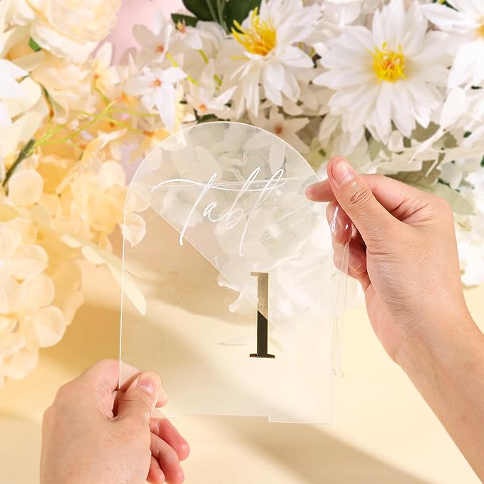 Arch Wedding Table Numbers 1-15 with Stands, Elegant Gold Number 5.5 x 7” Arch Acrylic Signs with Holder, Clear Acrylic Table Numbers for Wedding Reception, Anniversary, Party, Events