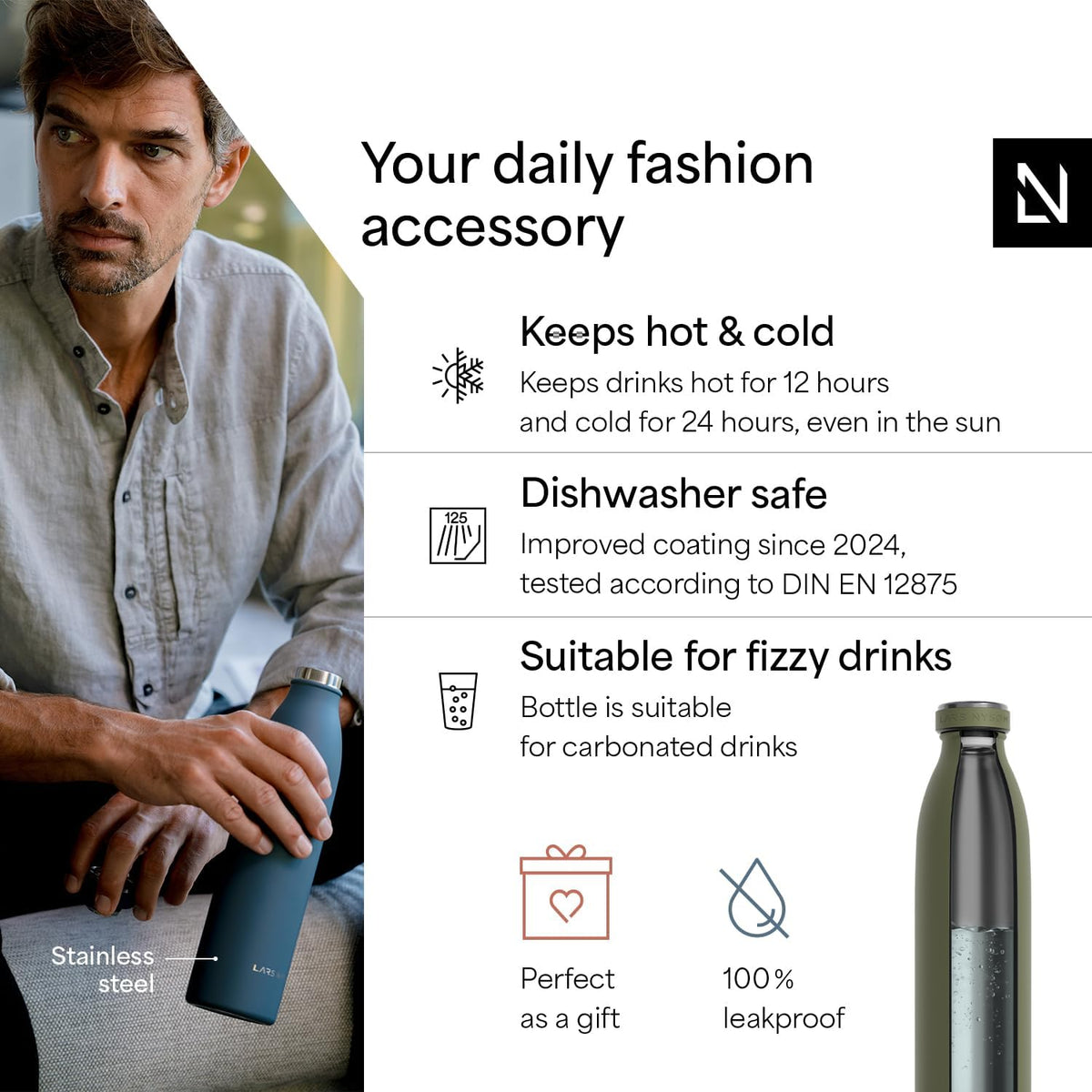 LARS NYSØM Stainless Steel Insulated Water Bottle 12oz 17oz 25oz 34oz 51oz | Insulated Thermo Flask for Hot and Cold Beverages | Leakproof Drinking Bottle (Olive Green, 33.9 oz)
