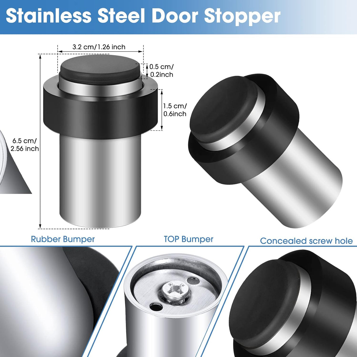 Chumia 10 Pcs Door Stopper Mounted Floor Stops Stainless Steel Cylindrical Stopper Modern Decorative Rubber Bumper Stops Holder Wall Protector for Bottom or Top of Door (Silver)