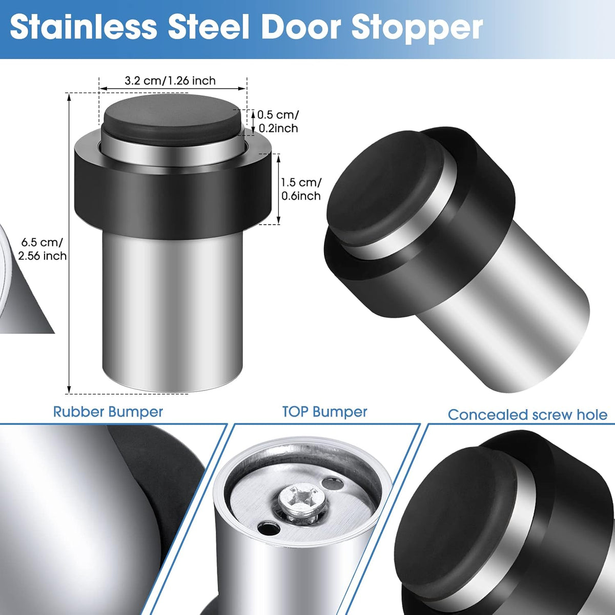 Chumia 20 Pcs Door Stopper Mounted Floor Stops Stainless Steel Cylindrical Stopper Modern Decorative Rubber Bumper Stops Holder Wall Protector for Bottom or Top of Door (Silver)