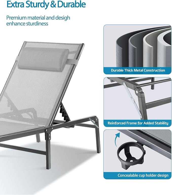 Foldable Chaise Lounge Chair with Cup Holder, Assemble-Free Outdoor Lounge Chair with Detachable Pillow and 6 Adjustable Backrest, Patio Lounge Chair for Outside Poolside Beach Pool, Grey