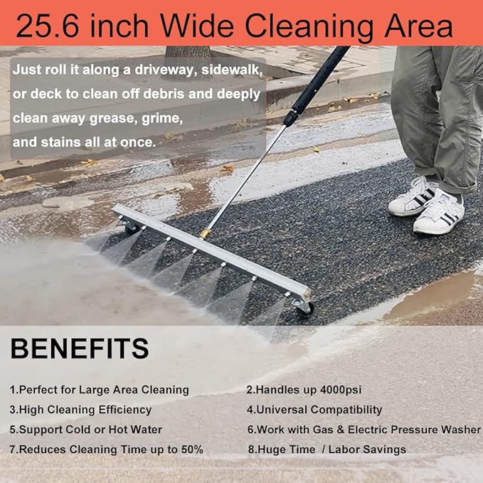 25.6inch Water Broom Pressure Washer Surface Cleaner 4000 Psi Power Broom Sweeper with 7 Nozzles and 2 Extension Wand for Concrete Driveway Sidewalk Deck, Roof，Floor Cleaning