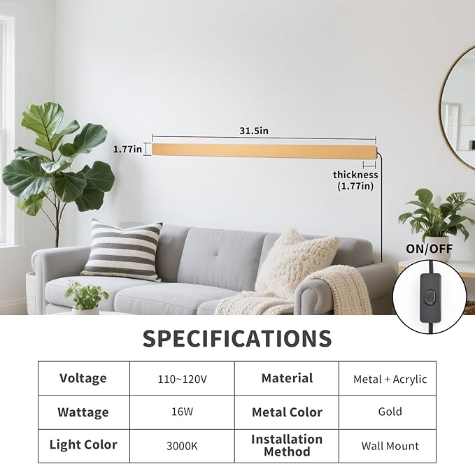 KELUOLY Modern Plug in Wall Lights, 31.4 inch Frosted Gold LED Long Wall Sconce