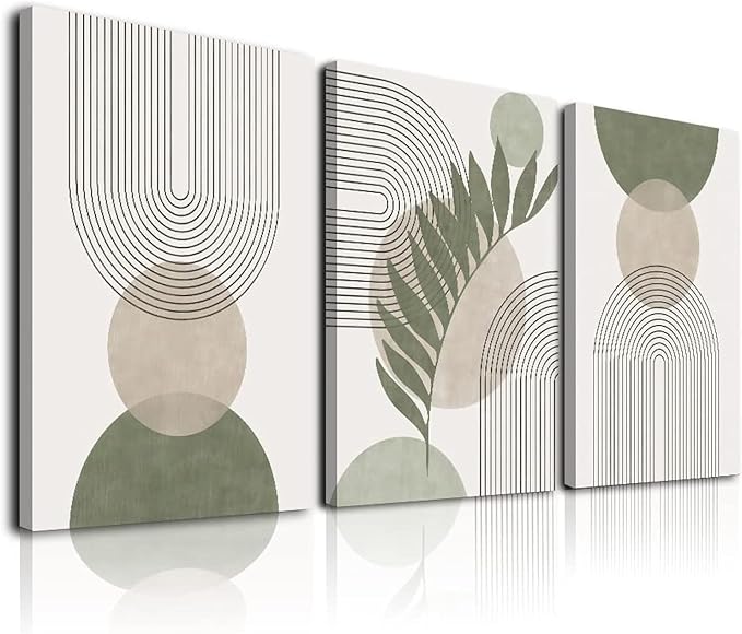 Sage Green Boho Wall Art Set of 3, Minimalist Framed Wall Art Geometric Line