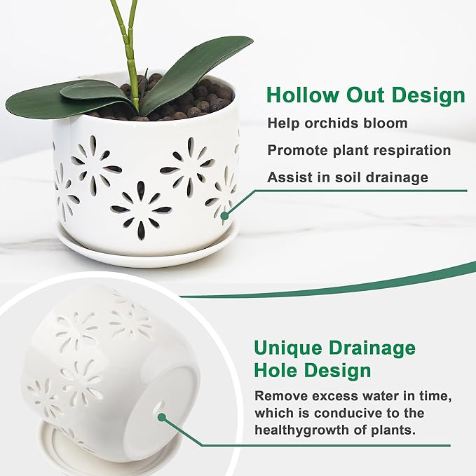 EFISPSS Orchid Pot 5+6 Inch, Ceramic Orchid Pots with Holes, Enhance Good Ventilation and Drainage, Orchid Pots Indoor/Outdoor Plants or Repotting -White