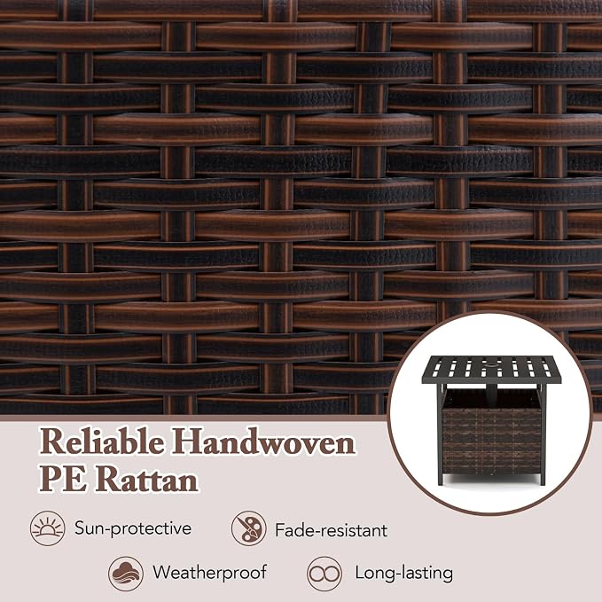 Giantex Outdoor Side Table with Umbrella Hole, 22" Wicker Umbrella Stand Holder and Base, Weather-Resistant PE Rattan Patio End Table for Deck Garden Poolside, Mix Brown (Metal Tabletop)