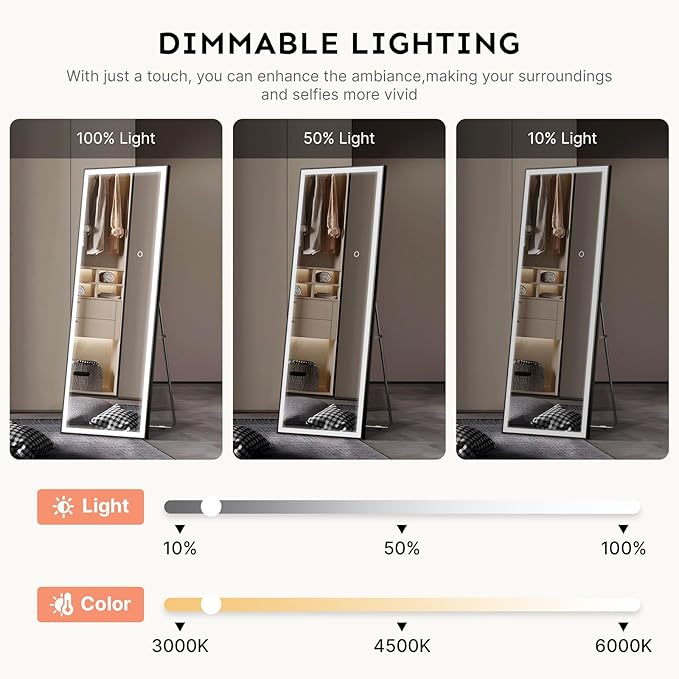 Kosmonia 71x24 Full Length Mirror, Dimmable 3 Color LED Light w/Light Memory