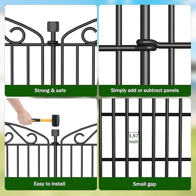10 Panel No Dig Decorative Garden Fence - 48in H x 22.6 ft L, Tall Animal Barrier for Dogs Rabbits, Rustproof Metal Wire Panels for Yard, Patio, and Outdoor Border Use