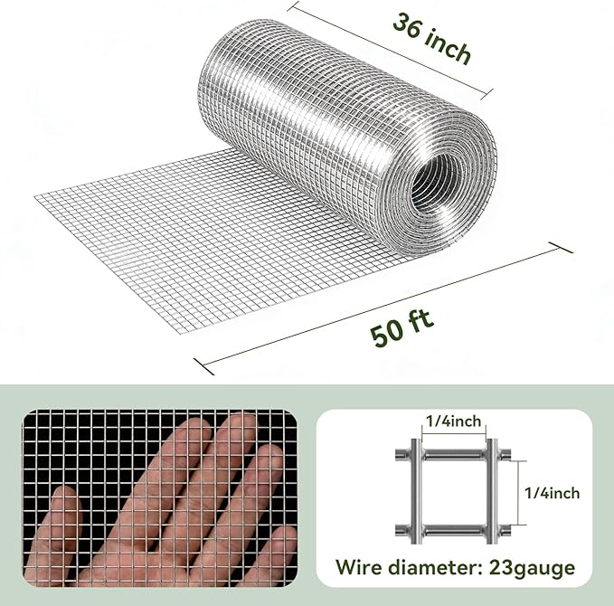 Amagabeli Hardware Cloth 1/4 inch 36 inch x 50ft Chicken Wire 23 Gauge Galvanized Weld Wire Mesh Roll Fencing Garden Netting for Poultry Rabbit Snake Gopher Cage Raised Bed Vegetable Tree Bird Quail