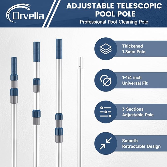 16FT Telescopic Pool Pole, 2-Piece Aluminum Adjustable Pool Skimmer Poles - Strong Grip with Locking Cams, Fits Pool Cleaning Skimmer Nets, Brushes, Vacuum Heads