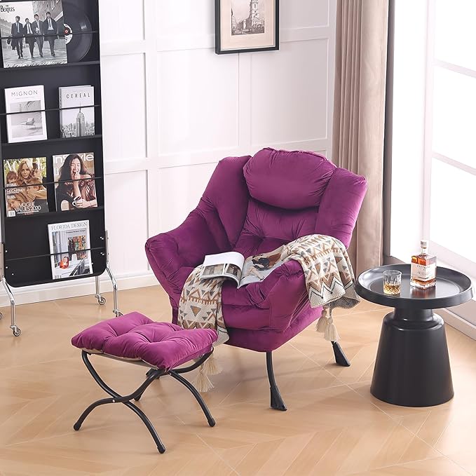 LITA Lazy Chair with Ottoman, Modern Accent Leisure Upholstered Sofa Chair, Contemporary Lounge Reading Chairs with Armrests and a Side Pocket for Living Room, Bedroom & Small Space