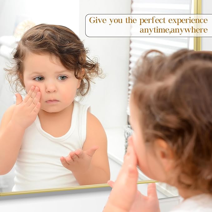 40×32 Gold Bathroom Mirror, Rectangular Bathroom Vanity Mirror for Wall with Rounded Corners & Aluminum Alloy Frame, Tempered-Glass, Modern, Farmhouse, Horizontal/Vertical, Entryway, Bedroom