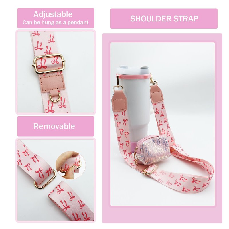 Removable Water Bottle Shoulder Strap Set for Stanley Cup 40/30/20 OZ，Including Pearl Water Handle Strap、Cup Holder Shoulder Strap、Bow keychain、Cup Ring、silicone boots、Sparkling packet（Bow pink）