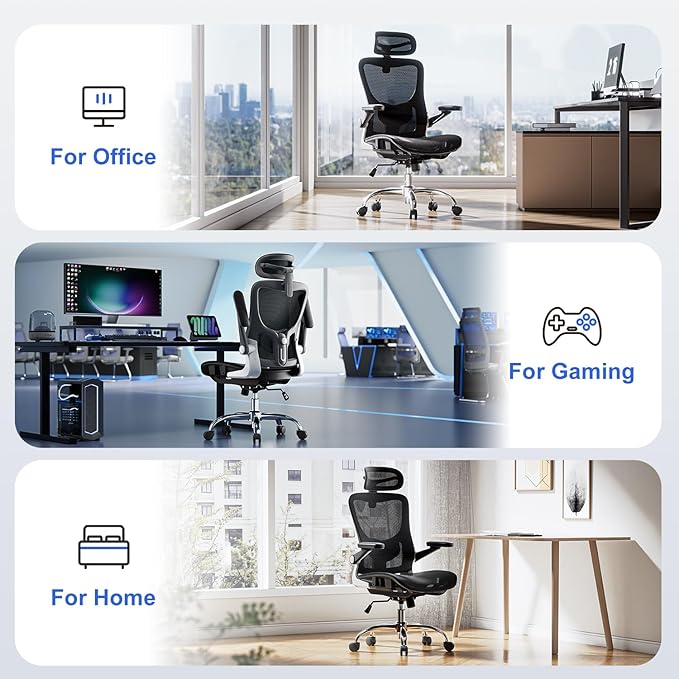 Ergonomic Office Chair, Mesh Seat Cushion with 3D Armrests and 3D Headrest, Adjustable Lumbar Support with 90-120° Rocking Function, Black