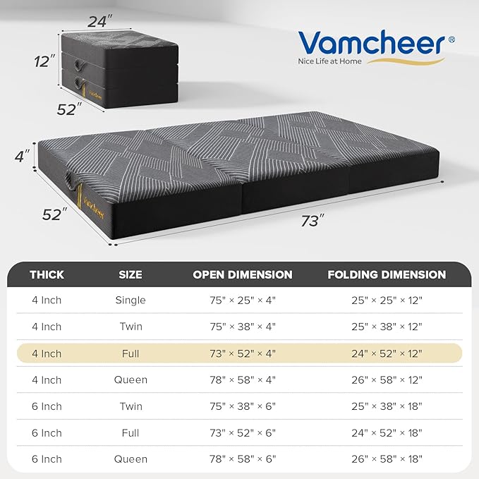 Vamcheer Tri Folding Mattress, 4 inch Full Foldable Mattress, Tri-fold Memory Foam Mat with a Collapsible and Washable Cover, Handle & Non-Slip Bottom, for Travel/Guest, 73"x52"x4", Grey