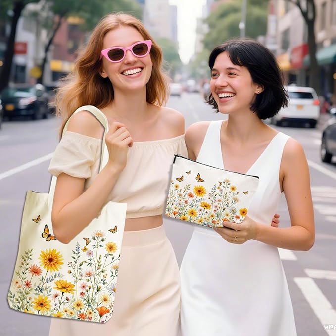 Flower Plant Lover Gifts for Women Canvas Tote Bag with Makeup Bag Cosmetic Bags Grocery Bags for Shopping Christmas