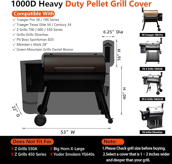 [Upgraded 1000D Heavy Duty Fabric]Grill Cover for Traeger Pro 34/780 Series, Waterproof Wood Pellet Smoker Cover, Tear & Fade Resistant with Buckle,Zipper, for Treager Pro 34/780/Texas 34, Z Grills700