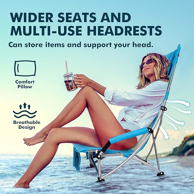AKSOUL Folding Beach Chair for Adults: Low/High Back Chairs with Carry Bag - Extra Wide Seat Chair with Comfortable Pillow & Storage Pocket (1 Pack & 2 Pack, Blue)