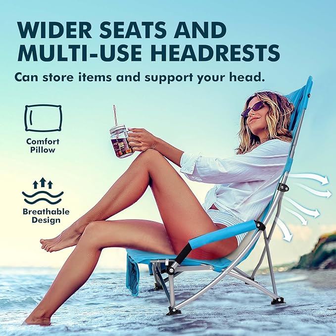 AKSOUL Folding Beach Chair for Adults: Low/High Back Chairs with Carry Bag - Extra Wide Seat Chair with Comfortable Pillow & Storage Pocket (1 Pack & 2 Pack, Blue)