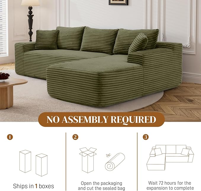 95" L Shaped Boneless Sectional Couches, Wide Armrest, Deep Seat, Memory Foam, Assembly Free, Modern Comfy Corduroy Fluffy Cloud Sofa with Right Chaise for Living Room, Small Spaces, Green