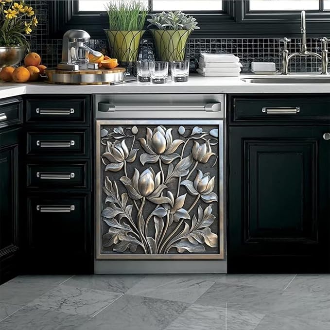 Dishwasher Magnet Cover Stainless Steel Look Flower Dishwasher Front Panel Decorative, Magnetic Appliance Cover Kitchen Decor Home Refrigerator Magnets Sticker 23" W x 26" H