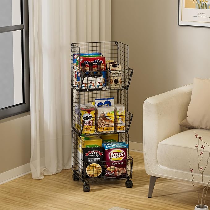 Sonyabecca Outdoor Toy Storage Basket, Play Kitchen Organizer with 5 S-Hooks,3 Tier Rolling Storage Cart Garage, Pantry Floor Snack Cart with Wheels,Toy Shelf Dog Storage Organizer Kids Bookshelf