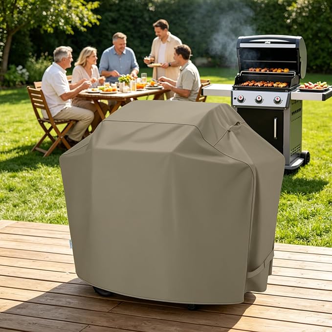 SunPatio Grill Cover 55 Inch for Outdoor Grill, Heavy Duty BBQ Cover with Waterproof Sealed Seam, FadeStop Material, All Weather Resistant Compatible for Weber CharBroil Nexgrill and More, Taupe