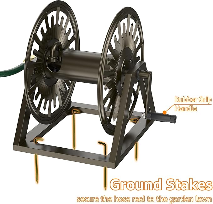 GOFORWILD Heavy-Duty Decorative Garden Hose Reel - Wall/Floor Mount with 200-Ft Capacity for 5/8 Hose Outdoor Hose Holder Winder for Lawn, Yard & Garden Storage