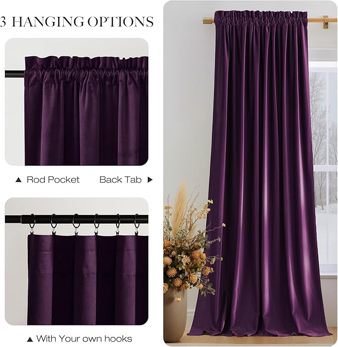 NICETOWN Purple Blackout Velvet Curtains 84 inch Long, Dark Purple