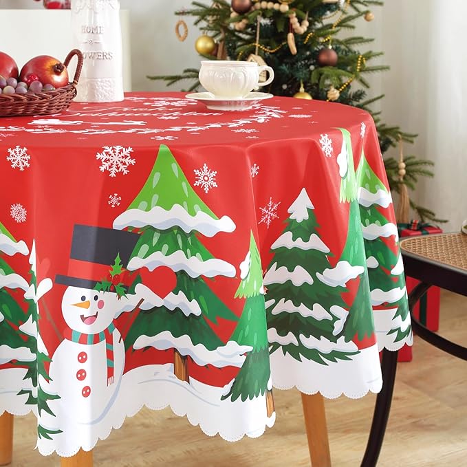 Eikione Christmas Tablecloth Round 70Inch Tableclothes, Christmas Tree+Santa Claus Table Cloth, Wipeable Table Cover for Picnic Party