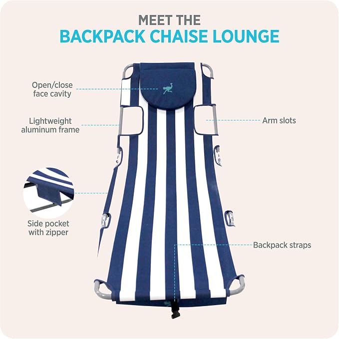Ostrich the Backpack Chaise Lounge, Folding & Reclining Outdoor Beach Chaise Lounger Chair for Lawn, Pool, Patio, Garden, and Yard, Blue Stripe