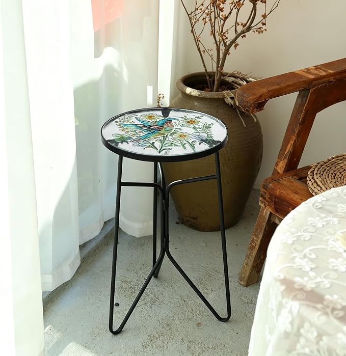 VCUTEKA Patio Side Table Outdoor Accent Table Bistro Coffee Table Plant End Table Small Porch Table Indoor Round Glass Balcony Plant Table Stands Golden Transparent Hummingbird 12 inches