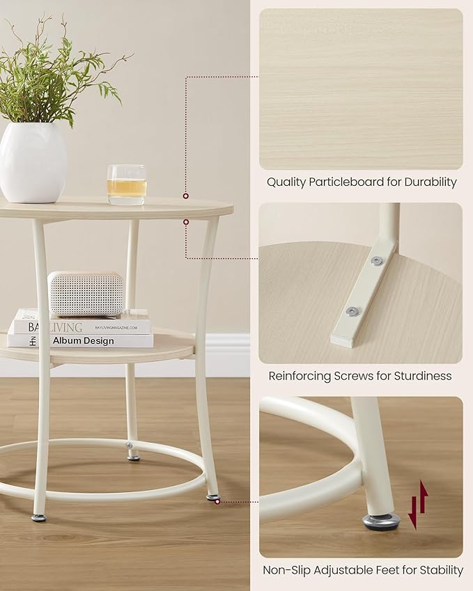 VASAGLE 21.7-Inch Round Side Table, 2-Tier End Table, Nightstand with Steel Frame, Spacious Top, for Small Spaces, Living Room, Bedroom, Natural Beige ULET056N01