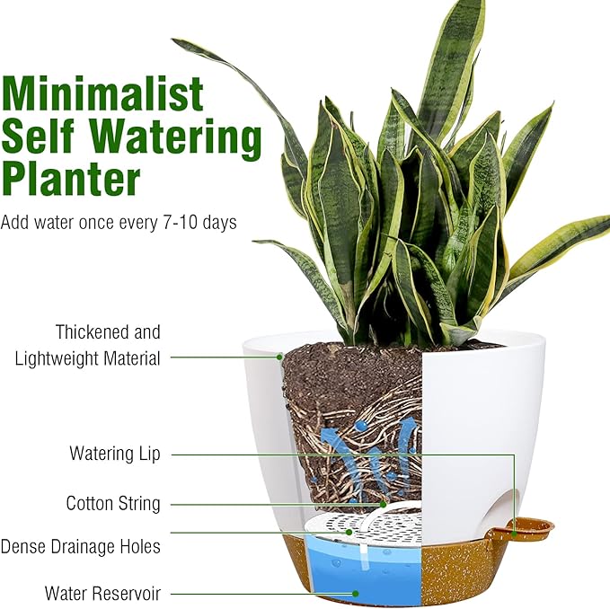 10/9/8 inch Medium Self Watering Pots, Planter, Plant Pots with Mesh Drainage Holes for Indoor Outdoor Garden Plants, Plastic Flower Pots with Removable Deep Reservoir, White with Brown