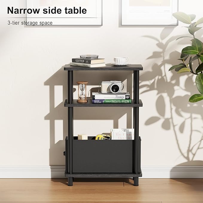 Apicizon Small Narrow Side Table, 3-Tier Skinny End Table withFabric Basket, Slim Nightstand Bedside Table for Small Spaces, Living Room, Bderoom, Black
