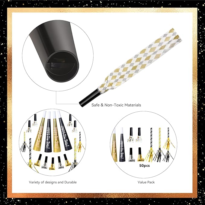 50pcs New Years Eve Decorations Black, Gold & Silver Party Blowers, New Years Eve Party Supplies 2026 Noisemakers for Kids & Adults Nye Decorations