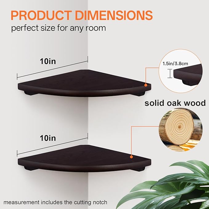 Gieanoo Floating Corner Shelves Set 2 10inch Walnut Solid Oak Rounded Corner