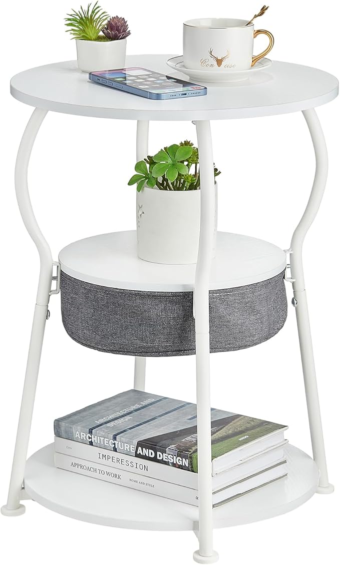 Small Round Side Table with Storage Bag, 3-Tier Accent Round End Table with Storage Shelves for Living Room, 21.6" H Vintage Small Corner Table for Smalls Spaces (D - 15.8 in White)