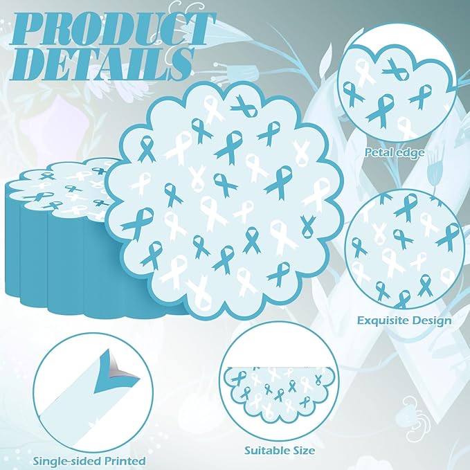 100 Pcs Ovarian Cancer Awareness Products 13.5" Scalloped Teal Ribbon Paper Placemats Disposable Sexual Assault Awareness Cervical Cancer Place Mats for Health Charity Public Social Event Supplies