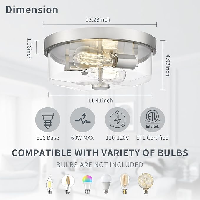 Brushed Nickel Flush Mount Ceiling Light, 2-Light Hallway Light Fixtures, Modern Farmhouse Farmhouse Ceiling Light Clear Glass for Kitchen Porch Entryway Indoor Outdoor