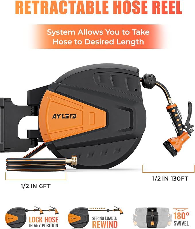 Ayleid Retractable Rubber Hybrid Garden Hose Reel, 1/2"x130ft Wall Mount | Anti-freeze, kink-free premium rubber hybrid hose, 24-month warranty, 9-pattern sprayer, any-length lock, slow auto-return.
